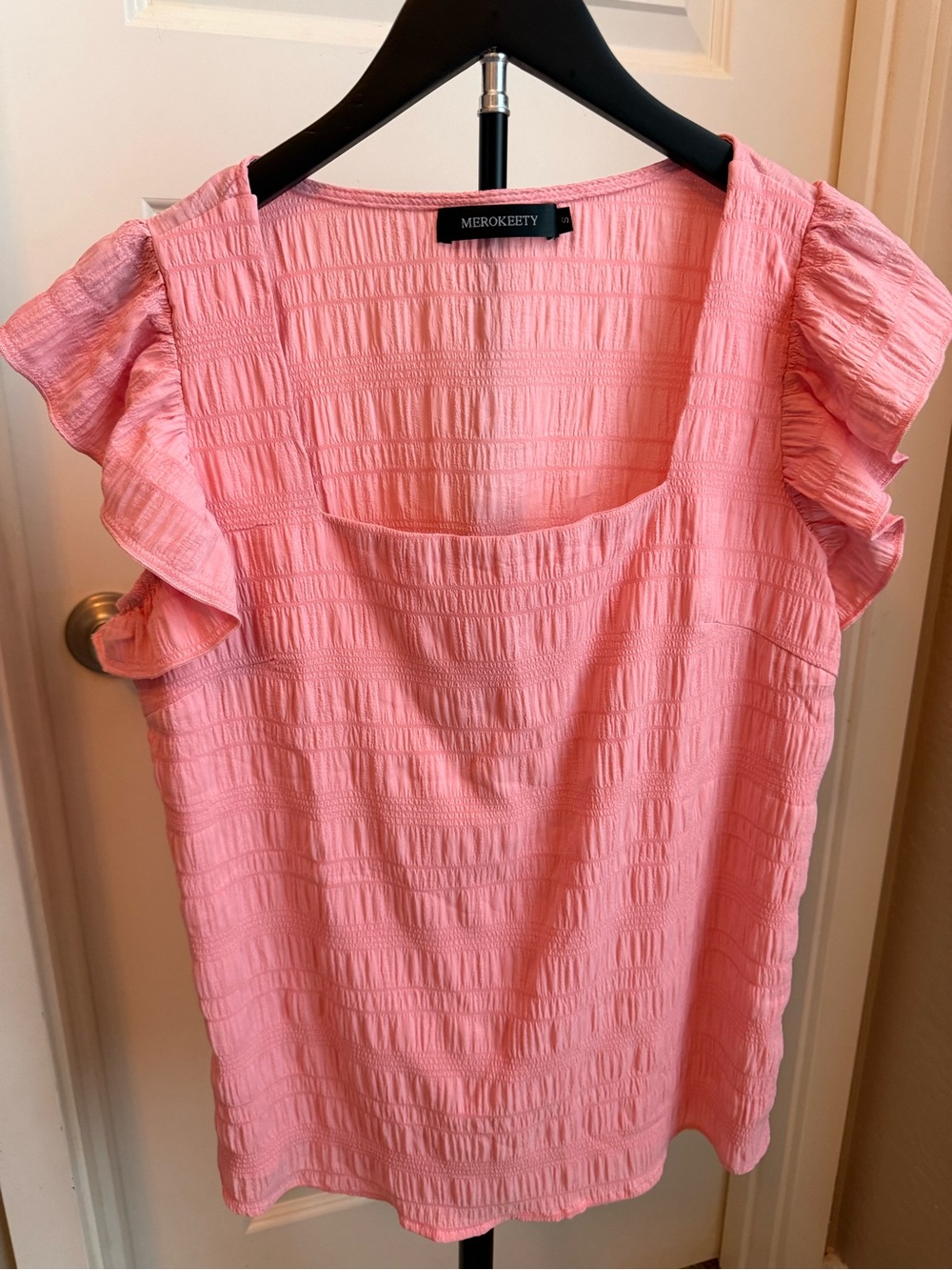 Merokeety Pink Ruffle Sleeve Square Neck Women’s Top
